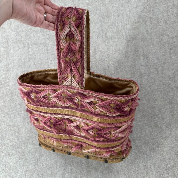 Handmade Handbags - VTG Handmade Burlap Yarn Embroidered Tote Bag Geometric Stitched Pink Brown Boho